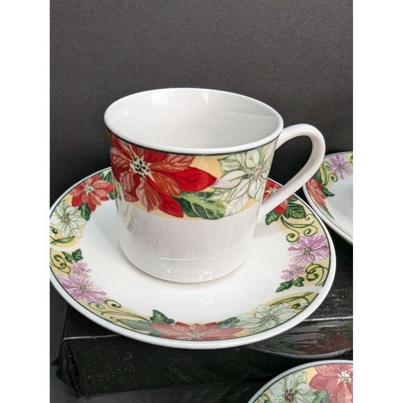 Home Essentials Stoneware Poinsettia Scroll Flat Cup and Saucer Sets Lot of 3 - Picture 2 of 9